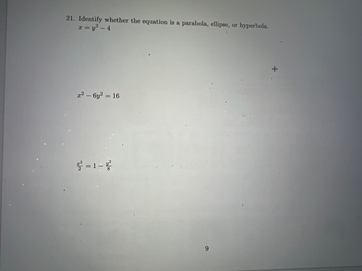 21. Identify whether the equation is a parabola, ellipse, or hyperbola.
x=y² - 4
²-6y2 =
= 16
2²=1-4²
9
+