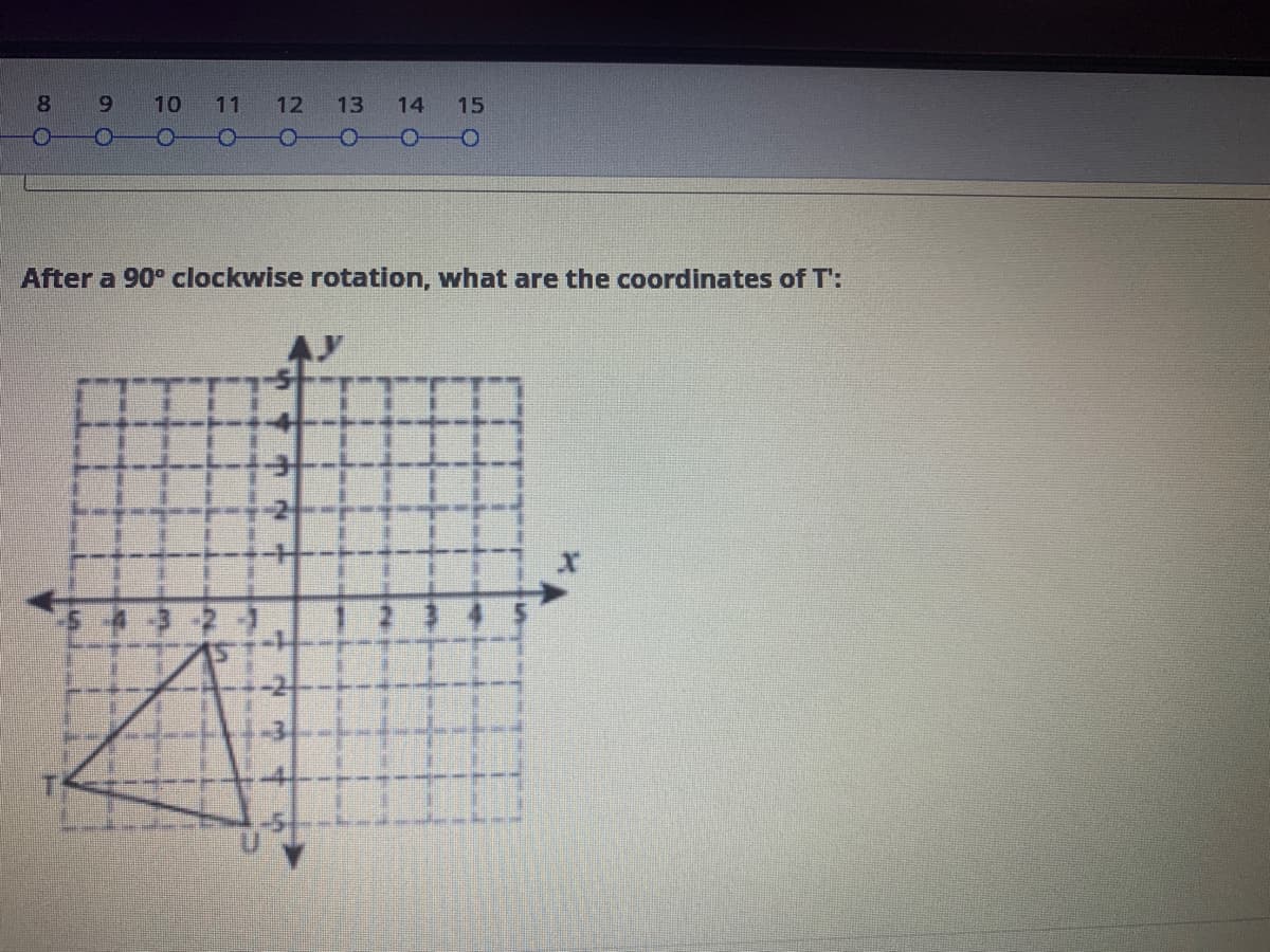 After a 90° clockwise rotation, what are the coordinates of T':
