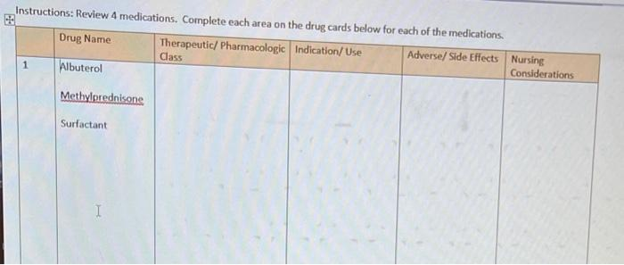 Instructions: Review 4 medications. Complete each area on the drug cards below for each of the medications.
Therapeutic/ Pharmacologic Indication/Use
Class
Adverse/ Side Effects Nursing
Considerations
Drug Name
Albuterol
Methylprednisone
Surfactant
