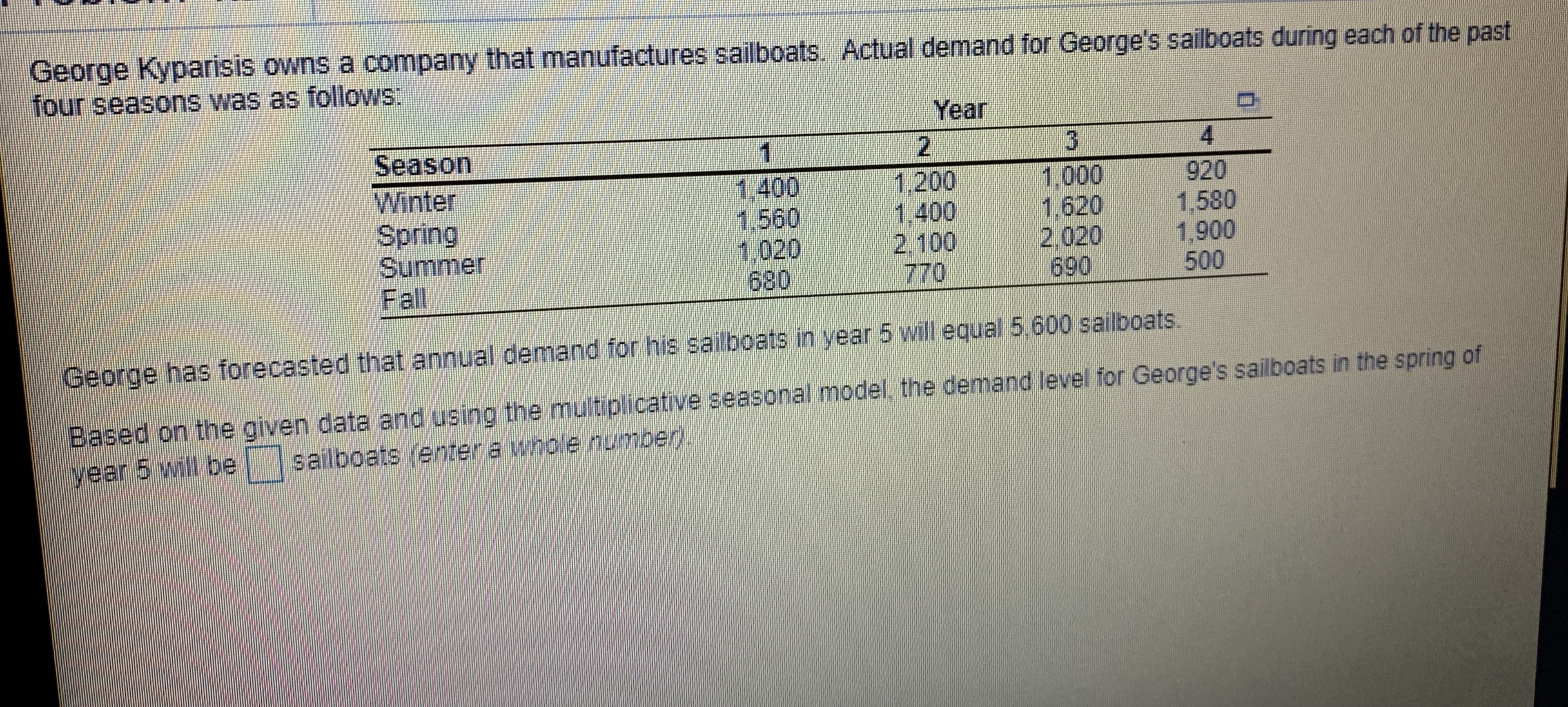 George Kyparisis owns a company that manufactures sailboats. Actual demand for George's sailboats during each of the past
four seasons was as follows:
Year
Season
Winter
Spring
Summer
Fall
1,000
1,400
1.560
1,020
680
1,200
1.400
920
1,6201,580
2.1002,020 1,900
770690500
George has forecasted that annual demand for his sailboats in year 5 will equal 5,600 sailboats.
Based on the given data and using the multiplicative seasonal model, the demand level for George's saliboats in the spring of
year 5 will besailboats (enter a whole number)
