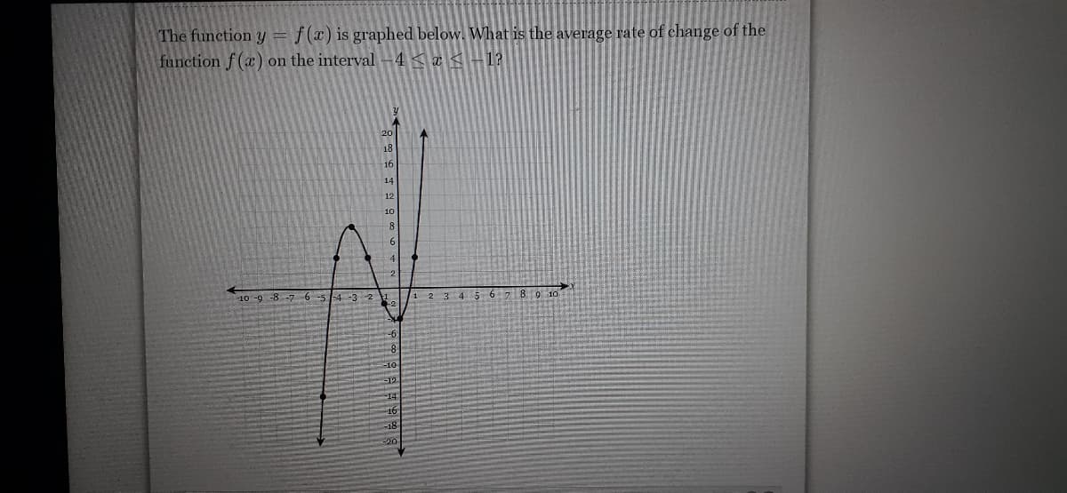 The function y = f(x) is graphed below. What is the average rate of change of the
function f(x) on the interval-4 < a < -1?
20
18
16
14
12
10
10 -9 -8 -7 6 -5 1-4 -3 2
1 2 3 4
6 789 10
-19
14
