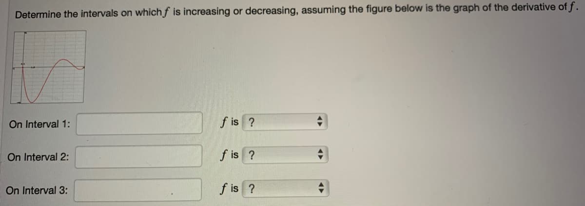 Determine the intervals on which f is increasing or decreasing, assuming the figure below is the graph of the derivative of f .
On Interval 1:
f is ?
On Interval 2:
f is ?
On Interval 3:
f is ?
