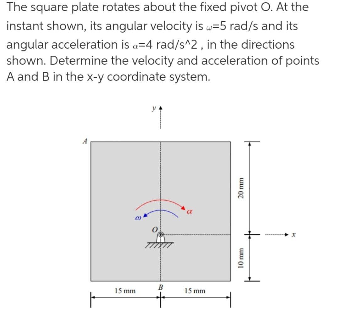 The square plate rotates about the fixed pivot O. At the
instant shown, its angular velocity is w=5 rad/s and its
angular acceleration is a=4 rad/s^2 , in the directions
shown. Determine the velocity and acceleration of points
A and B in the x-y coordinate system.
A
a
В
15 mm
15 mm
10 mm
20 mm
