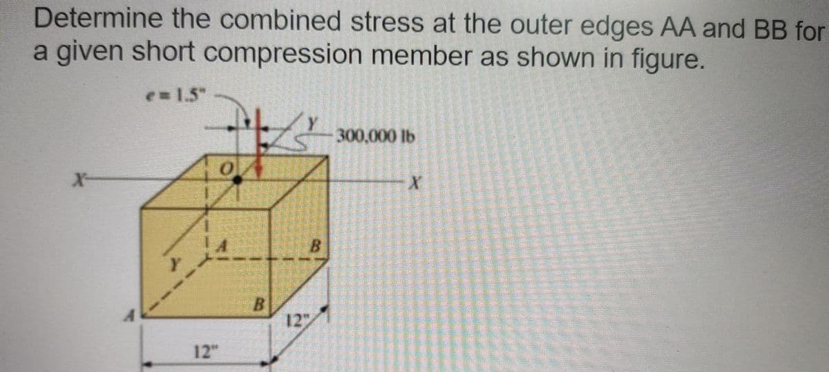 Determine the combined stress at the outer edges AA and BB for
a given short compression member as shown in figure.
e1.5"
1.5"
300,000 lb
B.
12
12"
