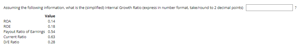 Assuming the following information, what is the (simplified) Internal Growth Ratio (express in number format, take/round to 2 decimal points)
Value
ROA
0.14
ROE
0.18
Payout Ratio of Earnings 0.54
Current Ratio
0.63
D/E Ratio
0.28
