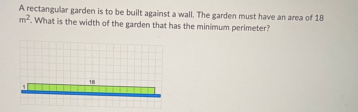 A rectangular garden is to be built against a wall. The garden must have an area of 18
m2. What is the width of the garden that has the minimum perimeter?
18
