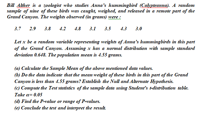 Bill Alther is a zoologist who studies Anna's hummingbird (Calypteanna). A random
sample of nine of these birds was caught, weighed, and released in a remote part of the
Grand Canyon. The weights observed (in grams) were :
3.7
2.9 3.8
4.2
4.8
3.1
3.5
4.3
3.0
Let x be a random variable representing weights of Anna's hummingbirds in this part
of the Grand Canyon. Assuming x has a normal distribution with sample standard
