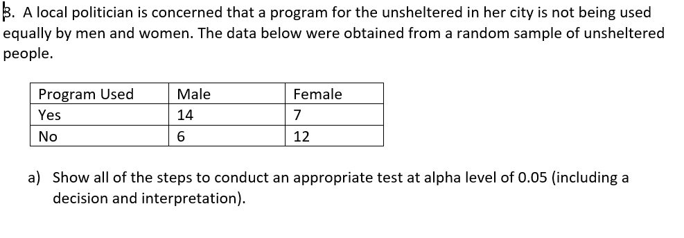 3. A local politician is concerned that a program for the unsheltered in her city is not being used
equally by men and women. The data below were obtained from a random sample of unsheltered
people.
Program Used
Male
Female
Yes
14
7
No
6.
12
a) Show all of the steps to conduct an appropriate test at alpha level of 0.05 (including a
decision and interpretation).
