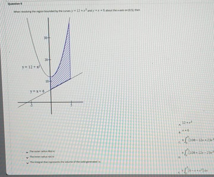 Question 6
When revolving the region bounded by tthe curves y 12+x and yx+6 about the axis on (0.s, then
30
y= 12+ x
10
y =x+ 6
12+x
=[(108-12× +23x²
S (108 + 12e -23
The outer radius RO
The inner radiut r is
The integral that represents the volume of the solid gener ated is
