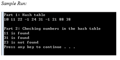 Sample Run:
Part 1: Hash table
10 11 22 -1 24 31 -1 21 88 38
Part 2: Checking numbers in the hash table
11 is found
31 is found
23 is not found
Press any key to continue . .
