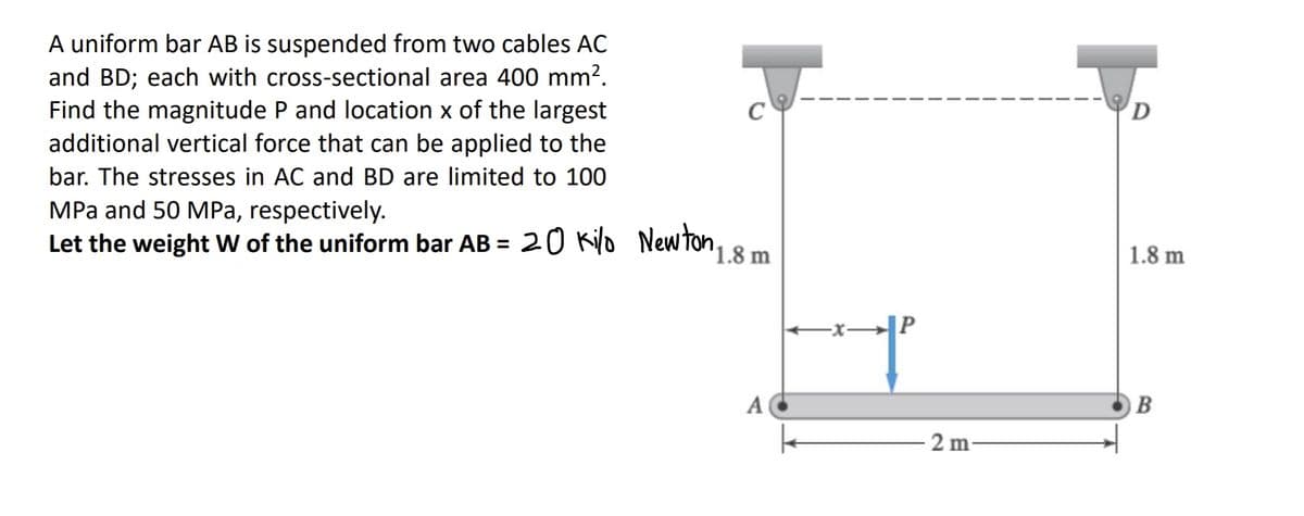 A uniform bar AB is suspended from two cables AC
and BD; each with cross-sectional area 400 mm?.
Find the magnitude P and location x of the largest
additional vertical force that can be applied to the
C
D
bar. The stresses in AC and BD are limited to 100
MPa and 50 MPa, respectively.
Let the weight Ww of the uniform bar AB = 20 Kilo Newton, & m
%3D
1.8 m
-x→|P
A
B
2 m
