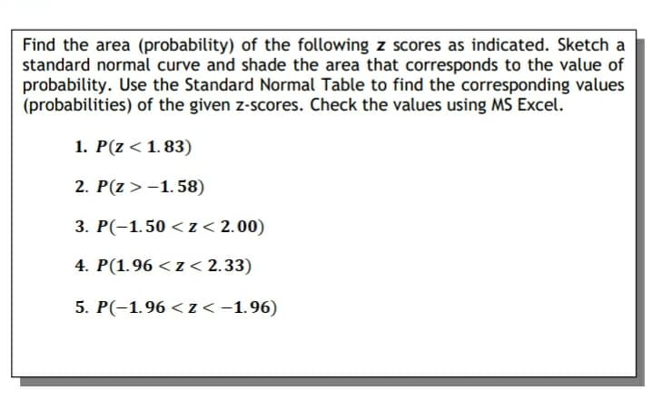 Find the area (probability) of the following z scores as indicated. Sketch a
standard normal curve and shade the area that corresponds to the value of
probability. Use the Standard Normal Table to find the corresponding values
(probabilities) of the given z-scores. Check the values using MS Excel.
1. P(z < 1. 83)
2. P(z > -1.58)
3. P(-1.50 < z < 2.00)
4. P(1.96 < z < 2.33)
5. P(-1.96 <z<-1.96)
