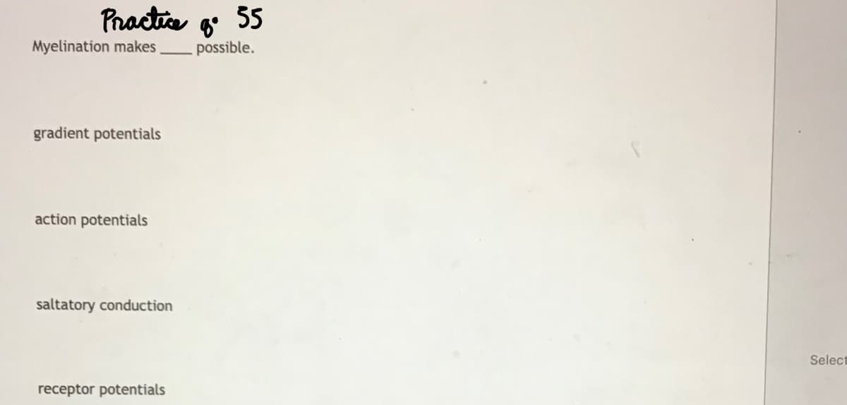 Phactia
55
Myelination makes
possible.
gradient potentials
action potentials
saltatory conduction
Select
receptor potentials
