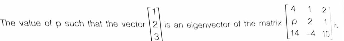 1
4
1
2
The value of p such that the vector 2 is an eigenvector of the matrix
14 -4 10
