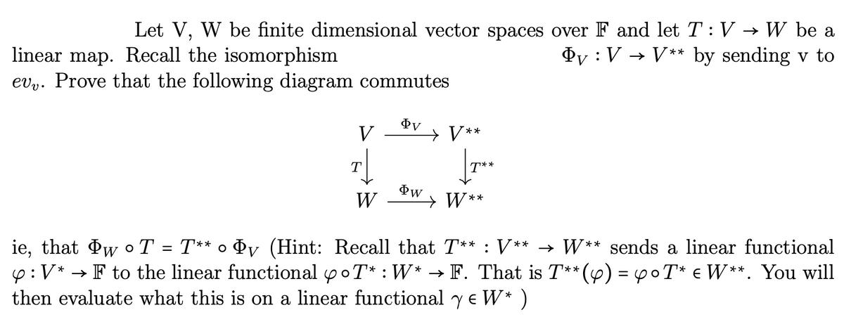 Let V, W be finite dimensional vector spaces over F and let T : V → W be a
linear map. Recall the isomorphism
Þy : V → V** by sending v to
evv. Prove that the following diagram commutes
V
ie, that w o T = T** o Oy
Þv
W
Φν
Φw
→ V**
T**
→ W**
(Hint: Recall that T** : V** → W** sends a linear functional
: V* → F to the linear functional poT*: W* → F. That is T** (y) = yoT* € W**. You will
then evaluate what this is on a linear functional y € W* )
