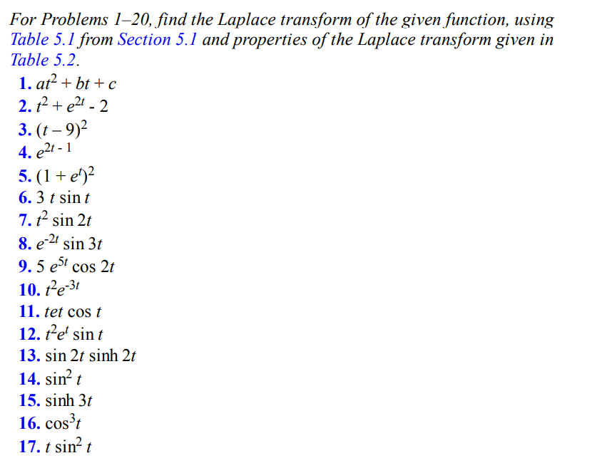 For Problems 1-20, find the Laplace transform of the given function, using
Table 5.1 from Section 5.1 and properties of the Laplace transform given in
Table 5.2.
1. at² + b + c
2.1² + e²t - 2
3. (t - 9)²
4. e²t - 1
5. (1 + e²
6. 3 t sin t
7. t² sin 2t
8. e-2t sin 3t
9.5 est cos 2t
10. t²e-3t
11. tet cos t
12. t²e¹ sin t
13. sin 2t sinh 2t
14. sin² t
15. sinh 3t
16. cos³t
17. t sin² t