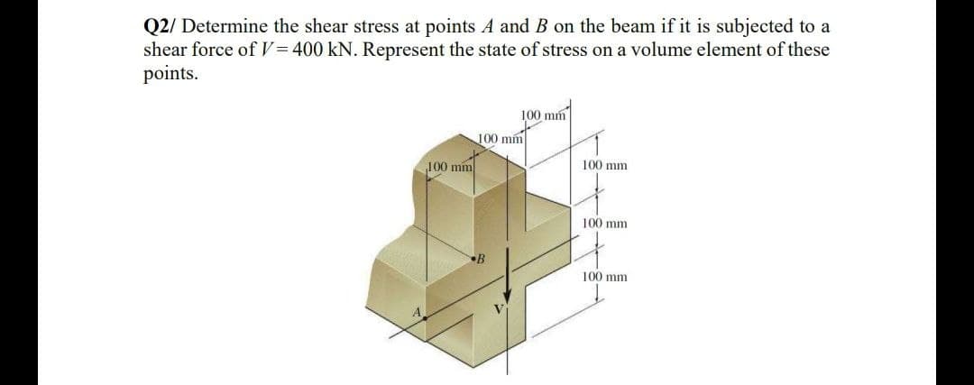 Q2/ Determine the shear stress at points A and B on the beam if it is subjected to a
shear force of V=400 kN. Represent the state of stress on a volume element of these
points.
100 mm
100 mm
100 mm
100 mm
100 mm
100 mm
R