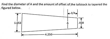 Find the diameter of A and the amount of offset of the tailstock to tapered the
figured below.
1.653
.938
-4.250-
4