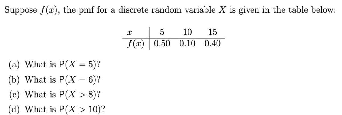 Suppose f(x), the pmf for a discrete random variable X is given in the table below:
5
10
15
f (x) | 0.50 0.10 0.40
(a) What is P(X = 5)?
(b) What is P(X = 6)?
(c) What is P(X > 8)?
(d) What is P(X > 10)?
