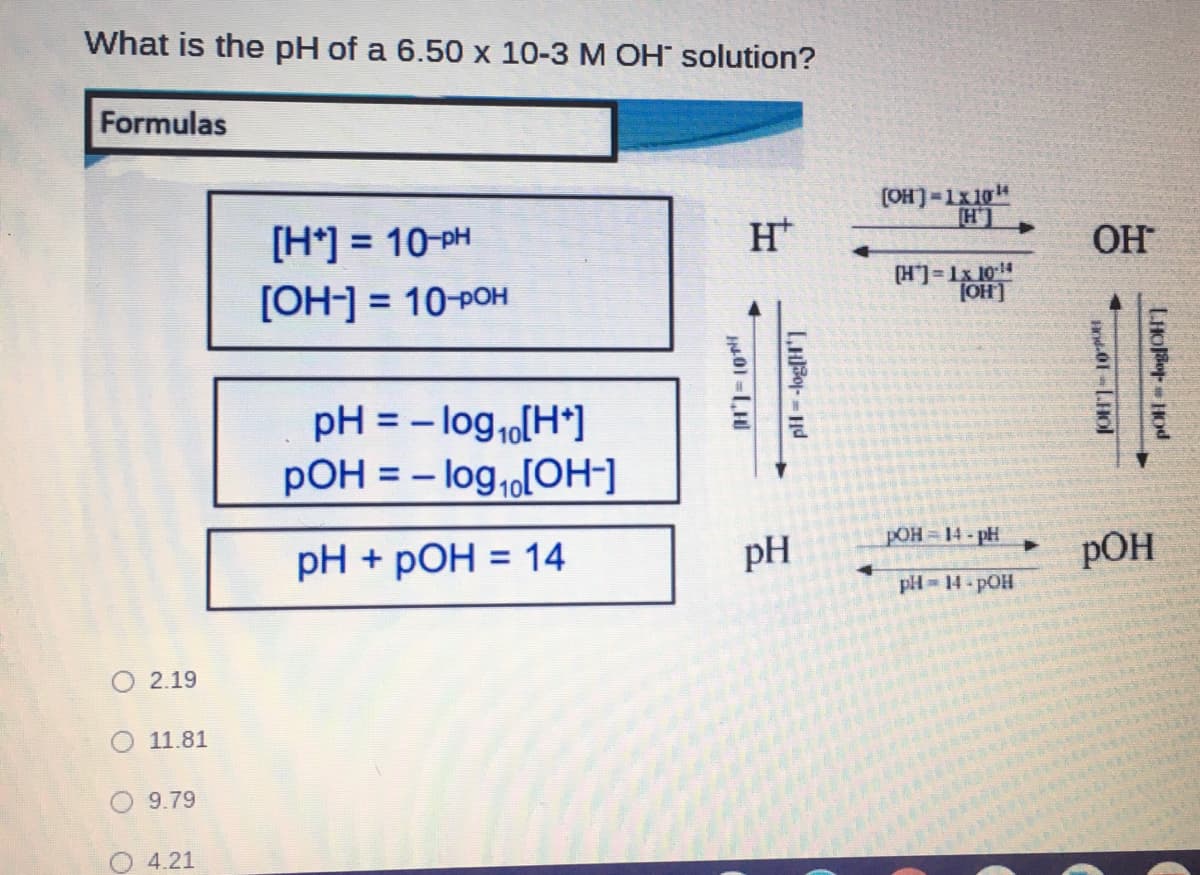 What is the pH of a 6.50 x 10-3 M OH solution?
Formulas
(OH]=1x10
[H*] = 10-PH
H*
OH
[OH-] = 10-POH
(H]=1x 104
JOH]
pH = – log,[H*]
pOH = - log,[OH-]
के
10
pOH 14- pH
pH + pOH = 14
pH
РОН
%3D
pH 14-pOH
O 2.19
11.81
9.79
4.21
LHOR- Hod
LHBo-- Hd
