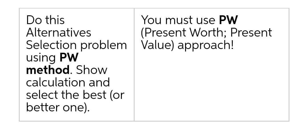 Do this
Alternatives
Selection problem
using PW
method. Show
calculation and
select the best (or
better one).
You must use PW
(Present Worth; Present
Value) approach!