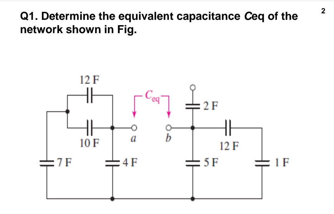 2
Q1. Determine the equivalent capacitance Ceq of the
network shown in Fig.
12 F
Cea
:2 F
H
a
b
10 F
12 F
:7F
:4F
= 5F
=1F
