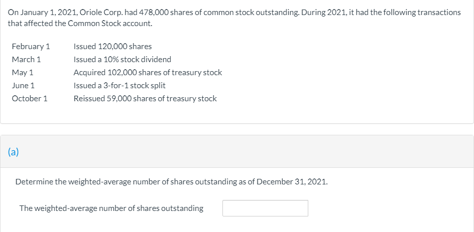 On January 1, 2021, Oriole Corp. had 478,000 shares of common stock outstanding. During 2021, it had the following transactions
that affected the Common Stock account.
February 1
Issued 120,000 shares
March 1
Issued a 10% stock dividend
May 1
Acquired 102,000 shares of treasury stock
June 1
Issued a 3-for-1 stock split
October 1
Reissued 59,000 shares of treasury stock
(a)
Determine the weighted-average number of shares outstanding as of December 31, 2021.
The weighted-average number of shares outstanding

