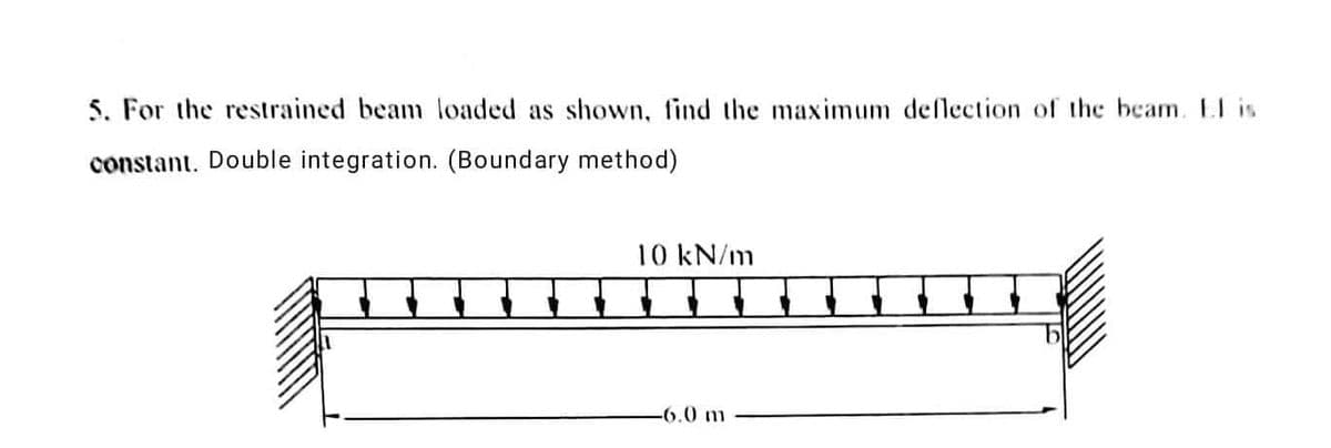 5. For the restrained beam loaded as shown, find the maximum deflection of the beam. El is
constant. Double integration. (Boundary method)
10 kN/m
-6.0 m