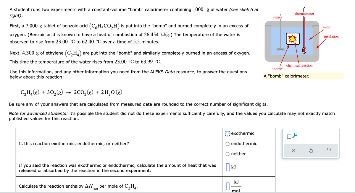A student runs two experiments with a constant-volume "bomb" calorimeter containing 1000. g of water (see sketch at
thermometer
right).
stirrer
First, a 7.000 g tablet of benzoic acid (C,H,CO,H) is put into the "bomb" and burned completely in an excess of
water
oxygen. (Benzoic acid is known to have a heat of combustion of 26.454 kJ/g.) The temperature of the water is
insulation
observed to rise from 23.00 °C to 62.40 °C over a time of 5.5 minutes.
Next, 4.300 g of ethylene (C,H4)
are put into the "bomb" and similarly completely burned in an excess of oxygen.
This time the temperature of the water rises from 23.00 °C to 63.99 °C.
chemical reaction
"bomb"
Use this information, and any other information you need from the ALEKS Data resource, to answer the questions
below about this reaction:
A "bomb" calorimeter.
C,H,(g) + 30,(g)
2C0,(g) + 2 H,0 (g)
Be sure any of your answers that are calculated from measured data are rounded to the correct number of significant digits.
Note for advanced students: it's possible the student did not do these experiments sufficiently carefully, and the values you calculate may not exactly match
published values for this reaction.
exothermic
x10
Is this reaction exothermic, endothermic, or neither?
endothermic
neither
If you said the reaction was exothermic or endothermic, calculate the amount of heat that was
released or absorbed by the reaction in the second experiment.
||kJ
kJ
Calculate the reaction enthalpy AH_
per mole of C,H4.
rxn
mol
