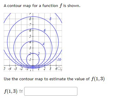 A contour map for a function f is shown.
8
7
-6-
5-
A
m cy
c4
6
+₂
CO
10
Use the contour map to estimate the value of f(1,3)
f(1,3)
