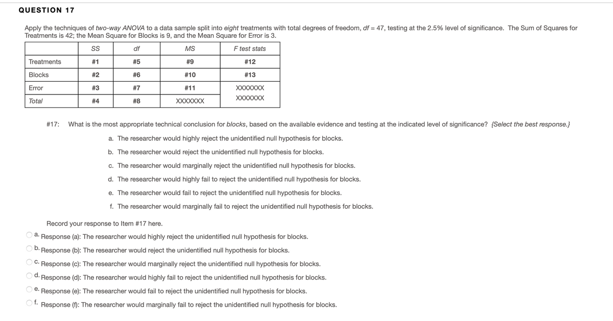 QUESTION 17
Apply the techniques of two-way ANOVA to a data sample split into eight treatments with total degrees of freedom, df = 47, testing at the 2.5% level of significance. The Sum of Squares for
Treatments is 42; the Mean Square for Blocks is 9, and the Mean Square for Error is 3.
SS
df
MS
F test stats
Treatments
# 1
#5
#9
#12
Blocks
#2
#6
#10
#13
Error
#3
#7
#11
XXXXXXX
XXXXXXX
Total
#4
#8
XXXXXXX
#17:
What is the most appropriate technical conclusion for blocks, based on the available evidence and testing at the indicated level of significance? {Select the best response.}
a. The researcher would highly reject the unidentified null hypothesis for blocks.
b. The researcher would reject the unidentified null hypothesis for blocks.
c. The researcher would marginally reject the unidentified null hypothesis for blocks.
d. The researcher would highly fail to reject the unidentified null hypothesis for blocks.
e. The researcher would fail to reject the unidentified null hypothesis for blocks.
f. The researcher would marginally fail to reject the unidentified null hypothesis for blocks.
Record your response to Item #17 here.
а.
Response (a): The researcher would highly reject the unidentified null hypothesis for blocks.
b.
Response (b): The researcher would reject the unidentified null hypothesis for blocks.
C.
Response (c): The researcher would marginally reject the unidentified null hypothesis for blocks.
d.
Response (d): The researcher would highly fail to reject the unidentified null hypothesis for blocks.
е.
Response (e): The researcher would fail to reject the unidentified null hypothesis for blocks.
O f.
Response (f): The researcher would marginally fail to reject the unidentified null hypothesis for blocks.
