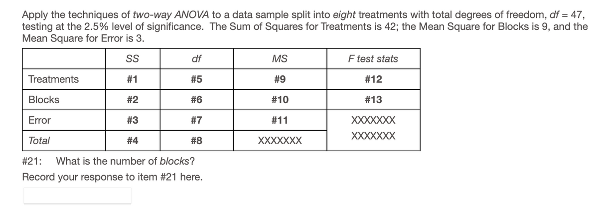 Apply the techniques of two-way ANOVA to a data sample split into eight treatments with total degrees of freedom, df = 47,
testing at the 2.5% level of significance. The Sum of Squares for Treatments is 42; the Mean Square for Blocks is 9, and the
Mean Square for Error is 3.
SS
df
MS
F test stats
Treatments
#1
#5
#9
#12
Blocks
#2
#6
#10
#13
Error
#3
#7
#11
XXXXXXX
XXXXXXX
Total
#4
#8
XXXXXXX
#21:
What is the number of blocks?
Record your response to item #21 here.
