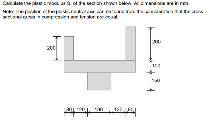 Calculate the plastic modulus Sx of the section shown below. All dimensions are in mm.
Note: The position of the plastic neutral axis can be found from the consideration that the cross-
sectional areas in compression and tension are equal.
2
200
80 L 120
18012080
260
100
150