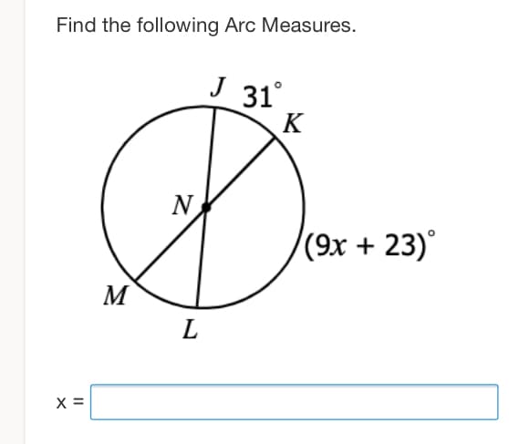 Find the following Arc Measures.
J 31
K
N
(9х +
23)
M
L
X =
