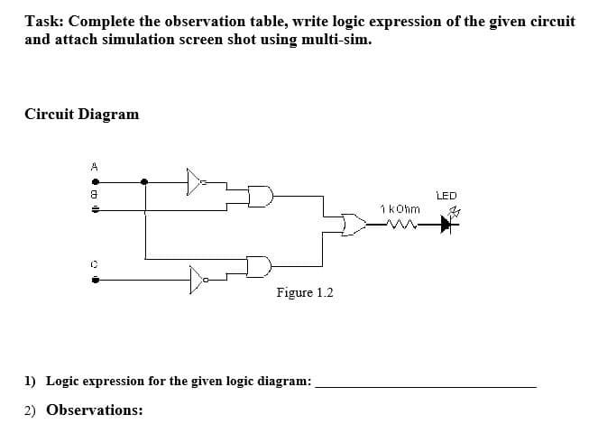 Task: Complete the observation table, write logic expression of the given circuit
and attach simulation screen shot using multi-sim.
Circuit Diagram
A
LED
1kOhm
Figure 1.2
1) Logic expression for the given logic diagram:
2) Observations:
