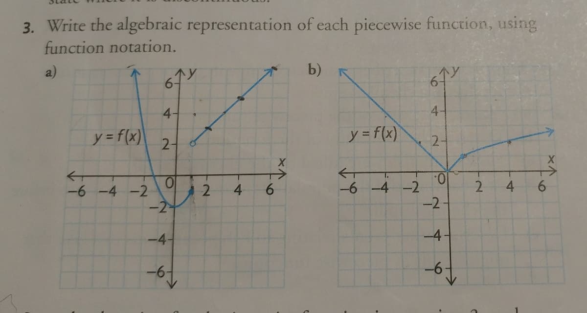 3. Write the algebraic representation of each piecewise function, using
function notation.
b)
4-
y = f(x)
y = f(x)
2-
X.
T.
2
4
6.
-6 -4 -2
-6-4 -2
-2
2.
4
-2
-4-
-4-
-6-
6
4.
2.
