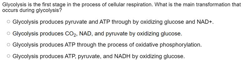 Glycolysis is the first stage in the process of cellular respiration. What is the main transformation that
occurs during glycolysis?
O Glycolysis produces pyruvate and ATP through by oxidizing glucose and NAD+.
O Glycolysis produces CO2, NAD, and pyruvate by oxidizing glucose.
O Glycolysis produces ATP through the process of oxidative phosphorylation.
O Glycolysis produces ATP, pyruvate, and NADH by oxidizing glucose.
