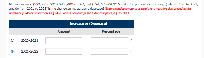 Net income was $520,000 in 2020, $452,400 in 2021, and $524,784 in 2022. What is the percentage of change (a) from 2020 to 2021,
and (b) from 2021 to 2022? Is the change an increase or a decrease? (Enter negative amounts using either a negative sign preceding the
number e.g. -45 or parentheses eg. (45). Round percentages to 1 decimal place, eg. 12.3%.)
Increase or (Decrease)
Amount
Percentage
(a)
2020-2021
(b)
2021-2022
