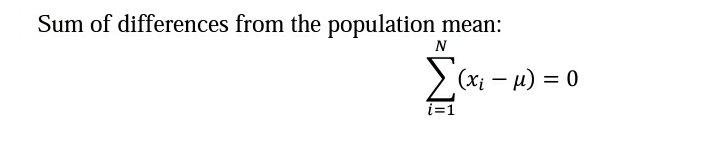Sum of differences from the population mean:
N
> (xi – H) = 0
i=
