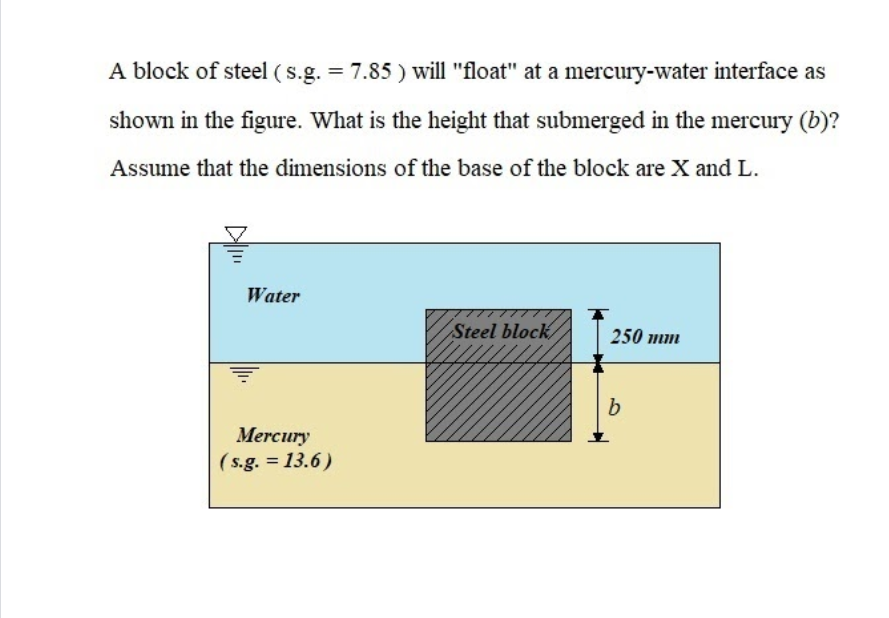 A block of steel ( s.g. = 7.85 ) will "float" at a mercury-water interface as
shown in the figure. What is the height that submerged in the mercury (b)?
Assume that the dimensions of the base of the block are X and L.
Water
Steel block
250 mm
b
Mercury
(s.g. = 13.6)
