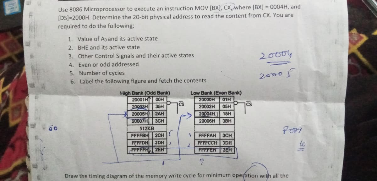 Use 8086 Microprocessor to execute an instruction MOV [BX}, CX,where [BX] = 0004H, and
[DS]=2000H. Determine the 20-bit physical address to read the content from CX. You are
required to do the following:
1. Value of Ao and its active state
2. BHE and its active state
3. Other Control Signals and their active states
2000y
4. Even or odd addressed
5. Number of cycles
6. Label the following figure and fetch the contents
2000j
High Bank (Odd Bank)
20001H 0OH
20003H 35H
20005H
3CH
Low Bank (Even Bank)
20000H
01H
CS
CS
20002H
05H
2AH
20004H
15H
20007H
20006H
3BH
512KB
FFFFBH
2CH
FFFFAH
3CH
FFFFDH 2DH
FFFFFHZEH
FFFFCCH 3DH
FFFFEH 3EH
Draw the timing diagram of the memory write cycle for minimum operation with all the
