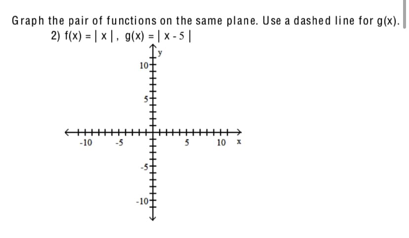 Graph the pair of functions on the same plane. Use a dashed line for g(x).
2) f(x) = | x |, g(x) = | x - 5 |
%3D
10-
++>
10 x
-10
5
-10-
