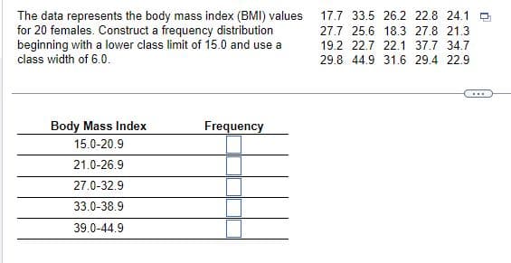The data represents the body mass index (BMI) values
for 20 females. Construct a frequency distribution
beginning with a lower class limit of 15.0 and use a
class width of 6.0.
Body Mass Index
15.0-20.9
21.0-26.9
27.0-32.9
33.0-38.9
39.0-44.9
Frequency
--
17.7 33.5 26.2 22.8 24.1 0₂₁
27.7 25.6 18.3 27.8 21.3
19.2 22.7 22.1 37.7 34.7
29.8 44.9 31.6 29.4 22.9
.....
