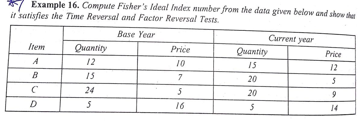 *7 Example 16. Compute Fisher's Ideal Index number from the data given below and show that
it satisfies the Time Reversal and Factor Reversal Tests.
Base Year
Current year
Item
Оuаntity
Price
Оuantity
Price
A
12
10
15
12
В
15
7
20
5
24
5
20
D
5
16
5
14
