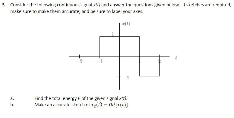 5. Consider the following continuous signal x(t) and answer the questions given below. If sketches are required,
make sure to make them accurate, and be sure to label your axes.
r(t)
Find the total energy E of the given signal x(t).
Make an accurate sketch of x, (t) = 0d{x(t)}.
a.
b.
