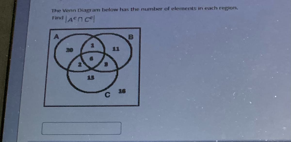 The Venn Diagram below has the number of elements in each region.
Find ACnc
21
C 16
