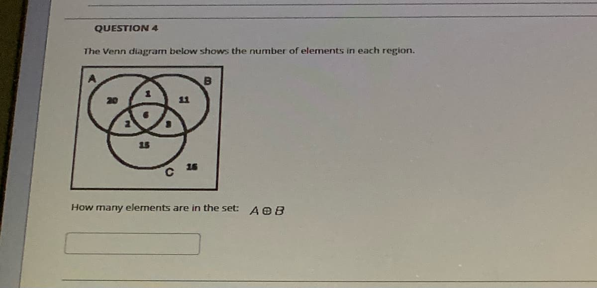 QUESTION 4
The Venn diagram below shows the number of elements in each region.
11
16
How many elements are in the set: AOB
