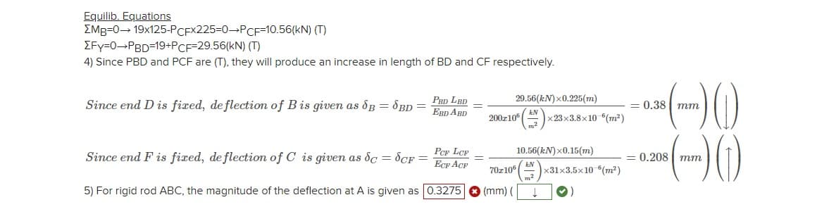 Equilib. Equations
EMB=0→ 19x125-PCFX225-0-PCF-10.56(KN) (T)
ΣFy=0→PBD=19+PCF-29.56(KN) (T)
4) Since PBD and PCF are (T), they will produce an increase in length of BD and CF respectively.
Since end D is fixed, deflection of B is given as dB = SBD =
PBD LBD
EBD ABD
PCP LCP
ECP ACP
5) For rigid rod ABC, the magnitude of the deflection at A is given as 0.3275
Since end F is fixed, de flection of C is given as dc = $cF=
29.56(kN)x0.225 (m)
200x10
70x106
(mm) (
kN
x23x3.8×10 (m²)
10.56(kN)x0.15(m)
kN
x31x3.5×10 (m²)
() ()
mm
= 0.38
()(1)
mm
= 0.208