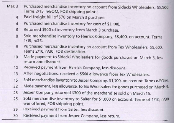 Purchased merchandise inventory on account from Sidecki Wholesalers, $5,500.
Terms 2/15, n/EOM, FOB shipping point.
Paid freight bill of $70 on March 3 purchase.
Purchased merchandise inventory for cash of $1,100.
Returned $900 of inventory from March 3 purchase.
Sold merchandise inventory to Herrick Company, $3,400, on account. Terms
1/15, n/35.
9 Purchased merchandise inventory on account from Tex Wholesalers, $5,600.
Terms 2/10, n/30, FOB destination.
Mar, 3
8.
10
Made payment to Sidecki Wholesalers for goods purchased on March 3, less
return and discount.
12
Received payment from Herrick Ccmpany, less discount.
After negotiations, received a $500 allowance from Tex Wholesalers.
15 Sold merchandise inventory to Jesper Company, S$1,700, on account. Terms n/EOM.
22 Made payment, less allowance, to Tex Wholesalers for goods purchased on March 9.
13
23 Jesper Company returned $300 of the merchandise sold on March 15.
25 Sold merchandise inventory to Salter for $1,000 on account. Terms of 1/10, n/30
was offered, FOB shipping point.
Received payment from Salter, less discount.
29
30
Received payment from Jesper Company, less return.
4.
