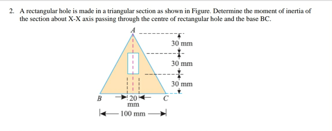 2. A rectangular hole is made in a triangular section as shown in Figure. Determine the moment of inertia of
the section about X-X axis passing through the centre of rectangular hole and the base BC.
30 mm
30 mm
30 mm
B
!20E
C
mm
100 mm
